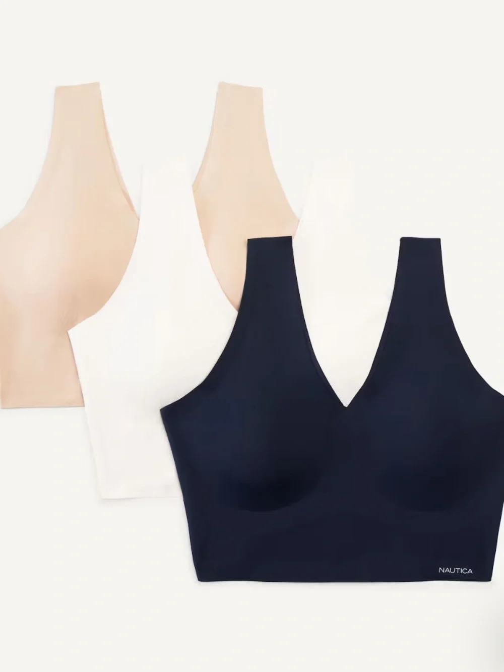 Nautica Seamless V-Neck Bralette Set - Navy, White, Nude (size large)